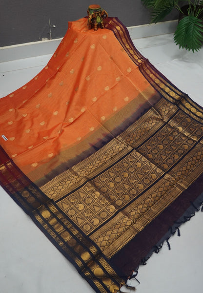 Rich Kanchi Cotton Saree-Mango Yellow with Contrast Border