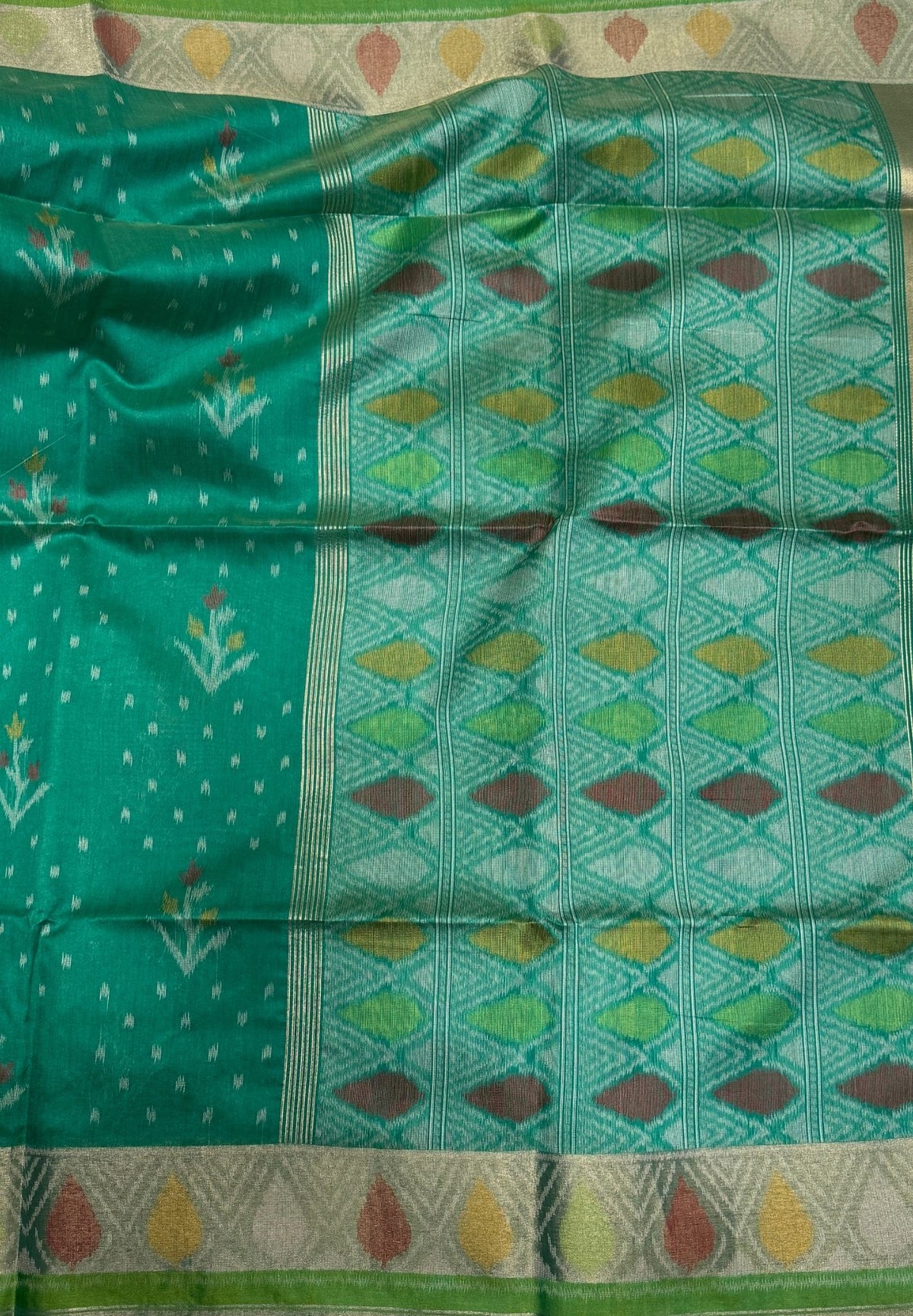 Semi Tussar Saree-Bright Green In Geometric Ikat Butta Zari Border