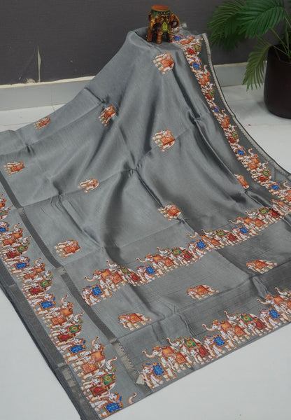 Pure Mangalgiri Silk Saree-Grey in Tanjore Print with Retapet Border