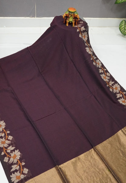 Handloom Cotton Saree-Coffee Brown Lotus Jamdhani Border