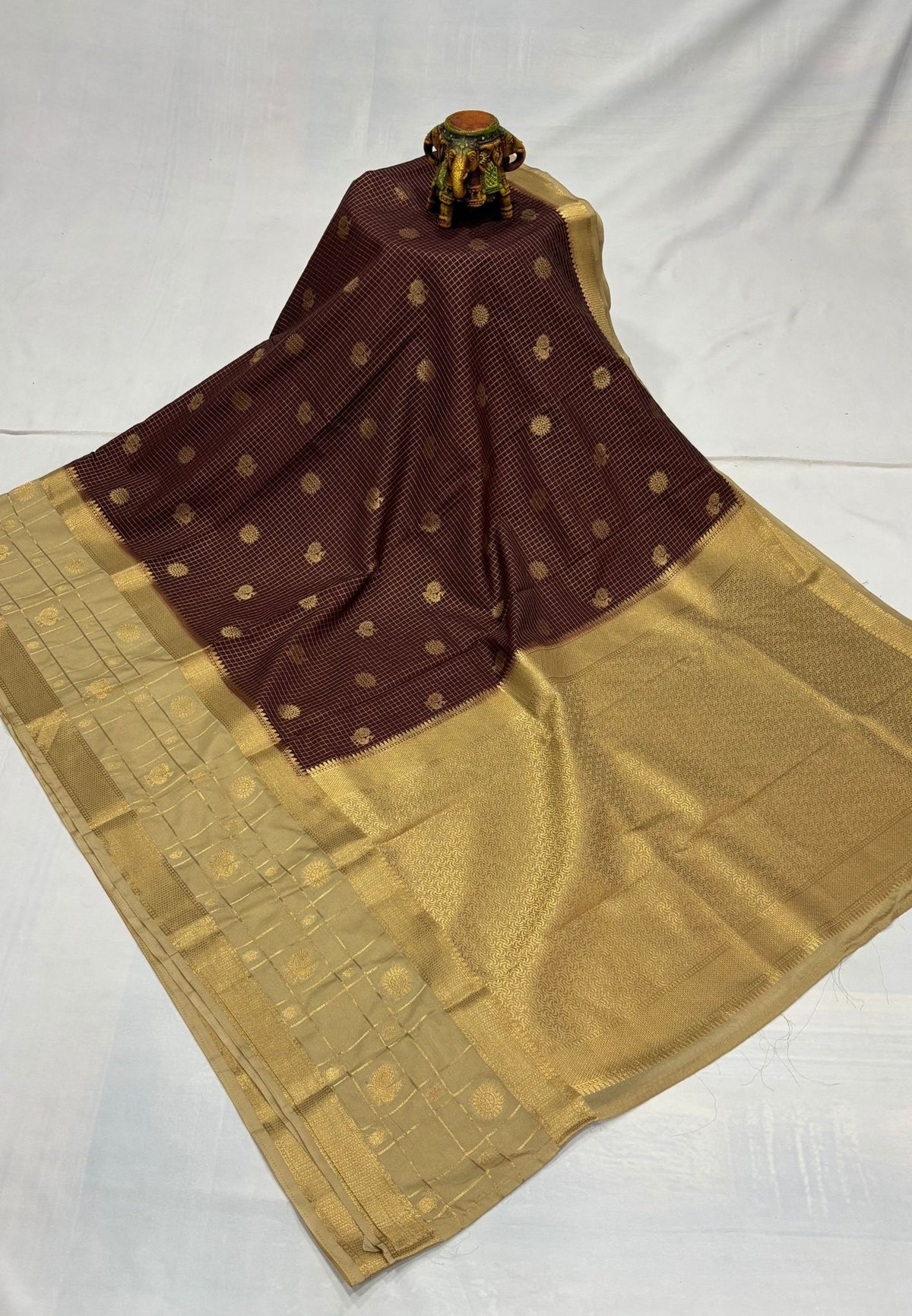 Art Mysore Silk Saree-Brown in Checkered Pattern with Contrast Border