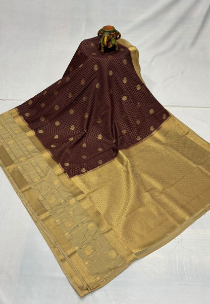 Art Mysore Silk Saree-Brown in Checkered Pattern with Contrast Border