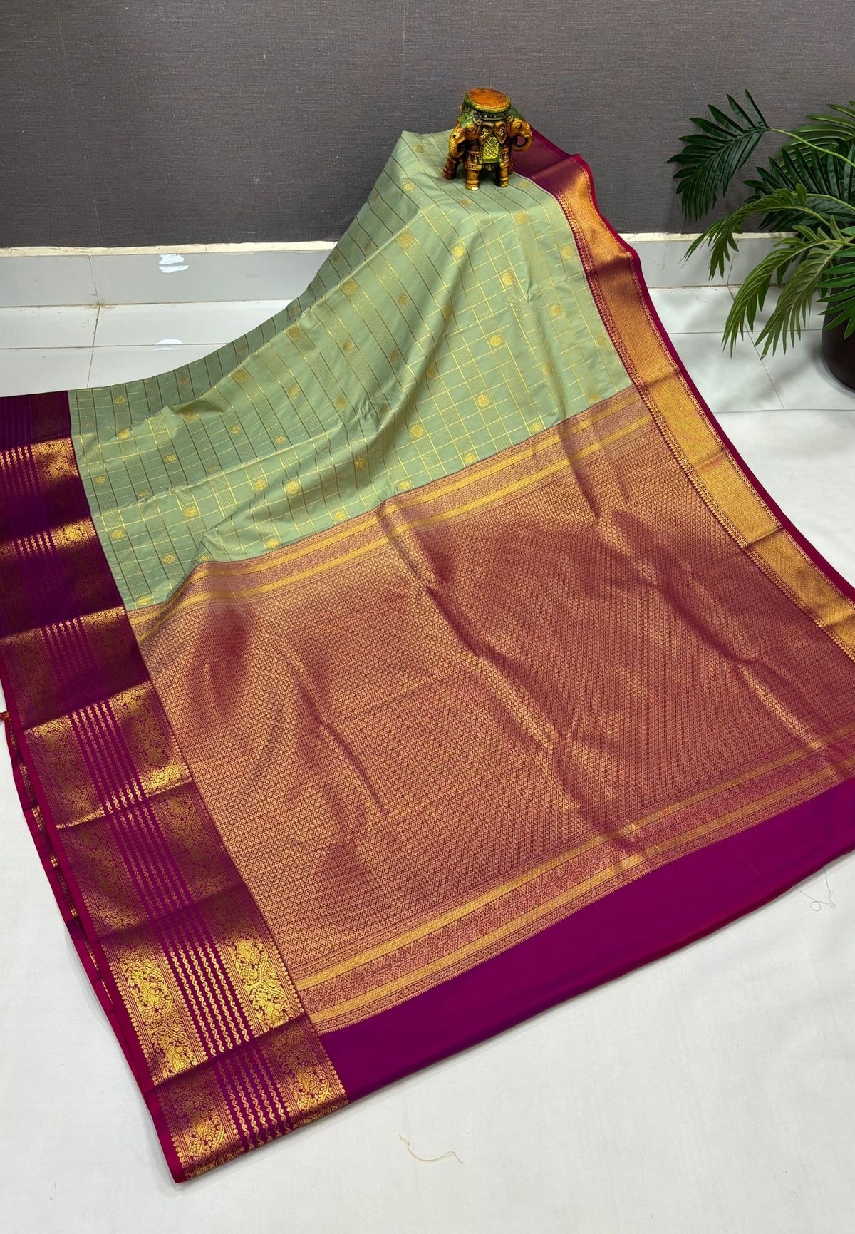 Budget Kanchipuram Saree-Olive Mist with Contrast Border
