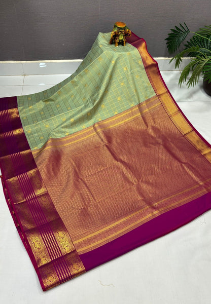 Budget Kanchipuram Saree-Olive Mist with Contrast Border