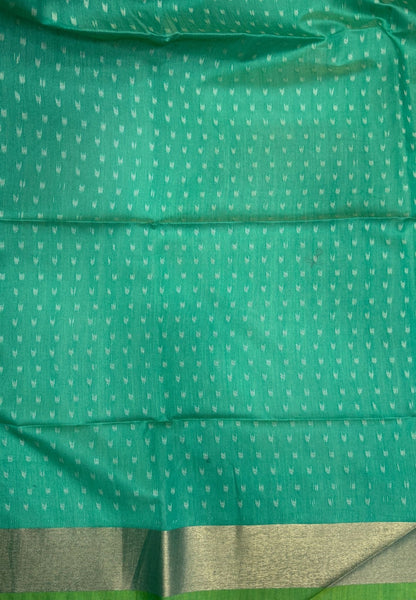 Semi Tussar Saree-Bright Green In Geometric Ikat Butta Zari Border