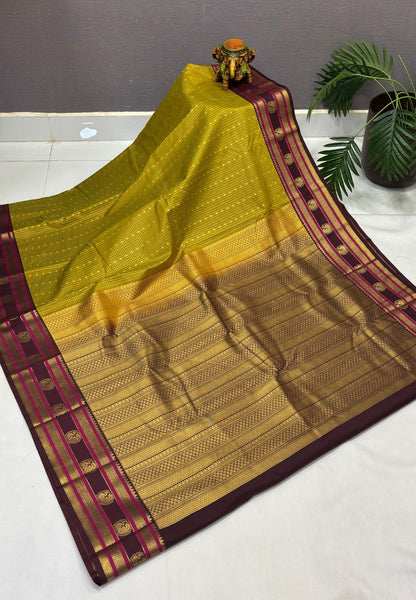 Budget Kanchipuram Saree-Olive Green with Contrast Border