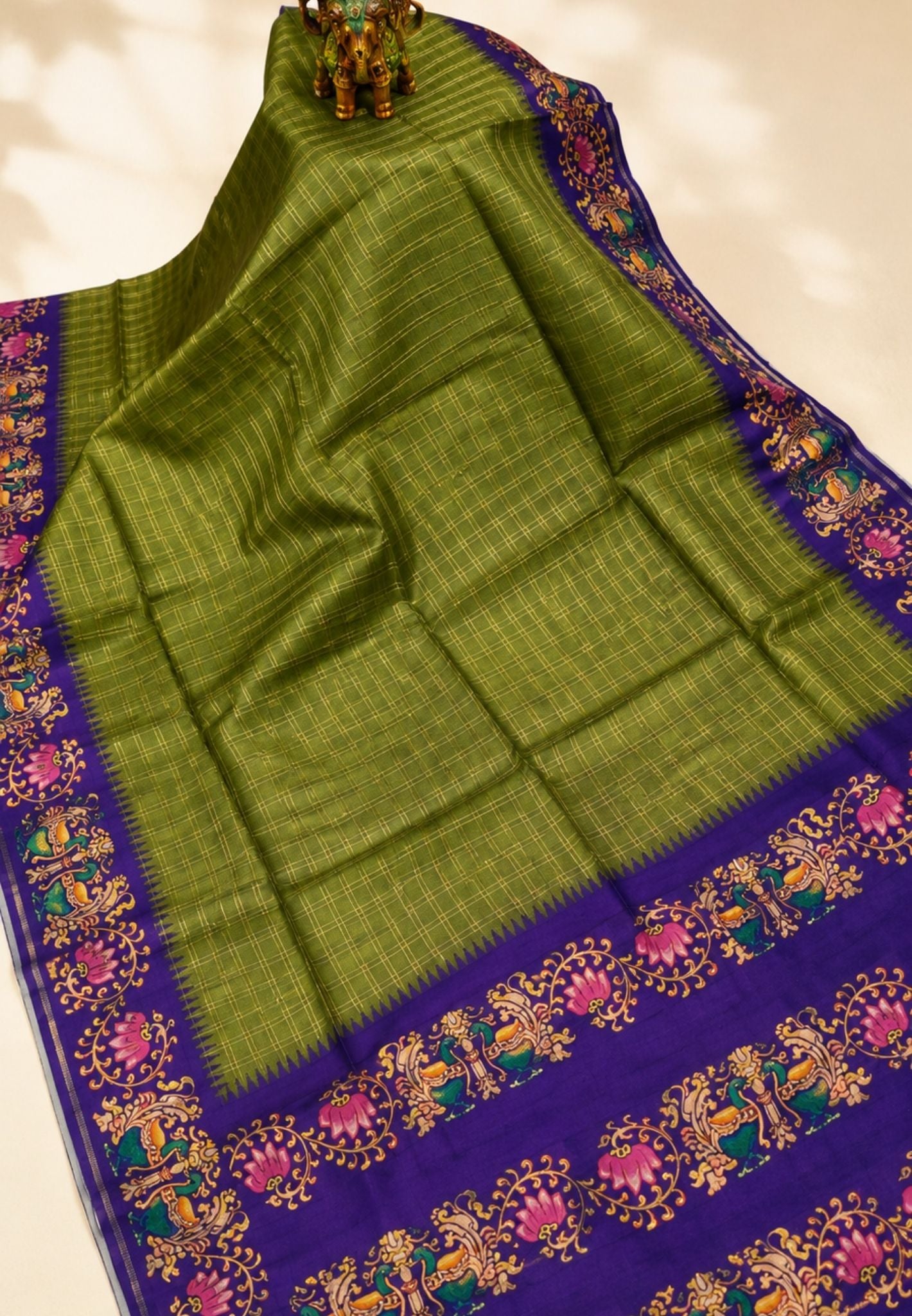 Premium Matka Tussar Saree-Olive Green with Contrast Border in Tanjore Print