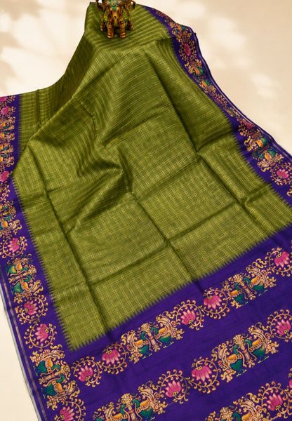 Premium Matka Tussar Saree-Olive Green with Contrast Border in Tanjore Print