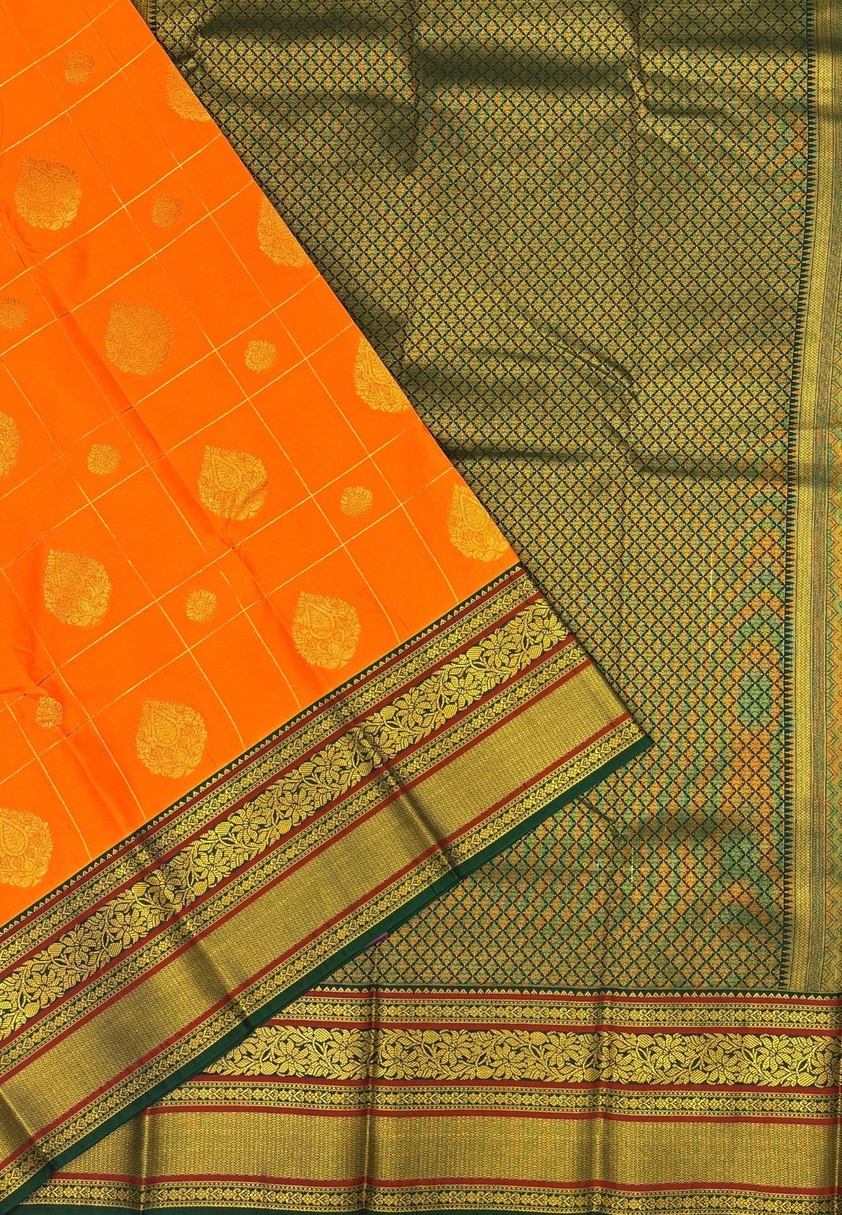 Budget Kanchipuram Saree-Orange In Floral Zari Panel With Contrast Border