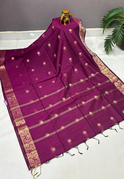 Handloom Silk Cotton Saree-Wine In Floral Butta Brocade Border