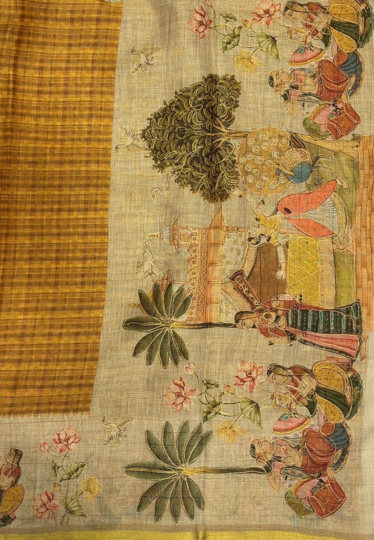 Tissue Linen Saree-Mustard in Traditional Folk Art Printed Border