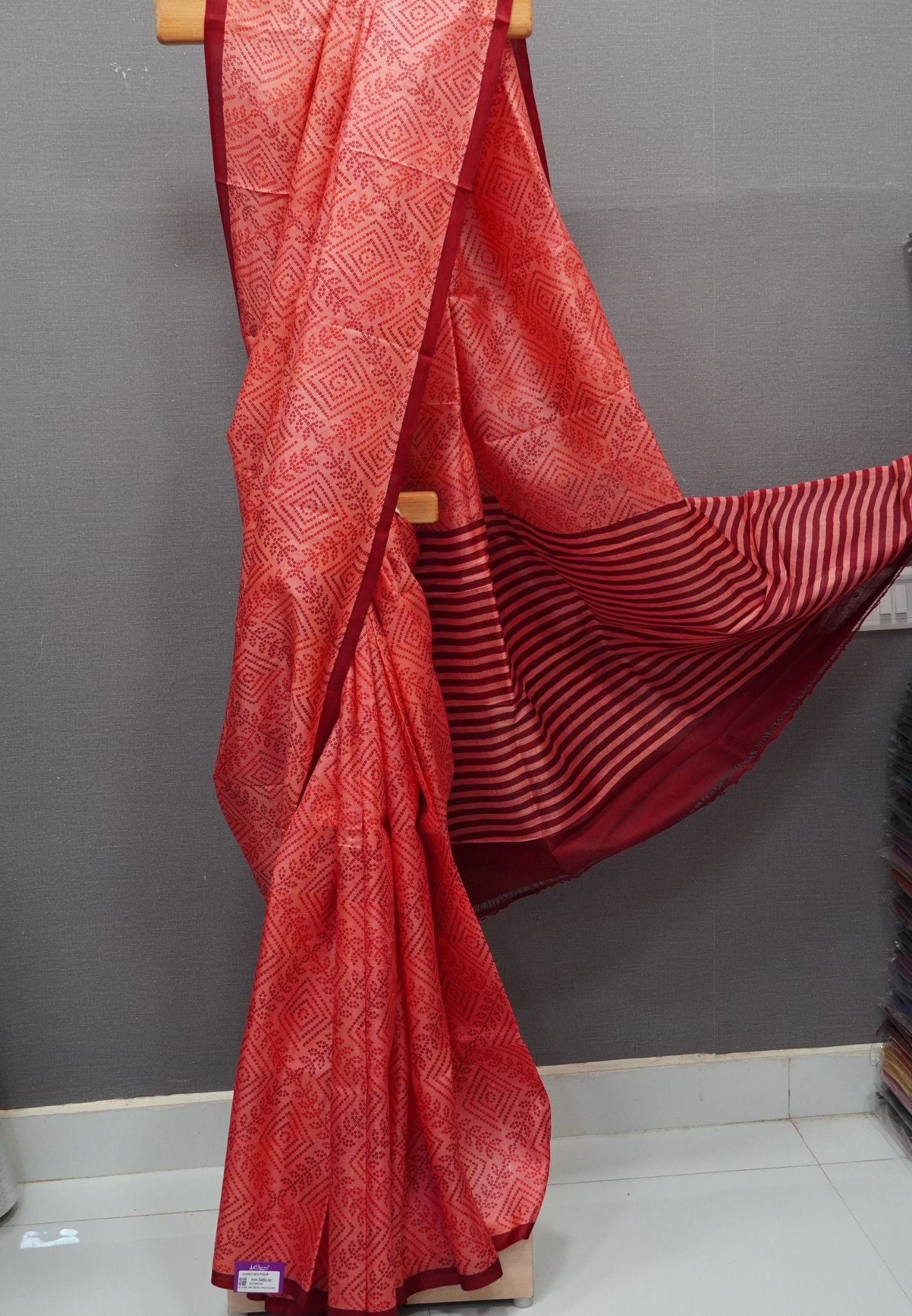 Pure Tussar Saree-Redish Peach in Bandhini Pattern