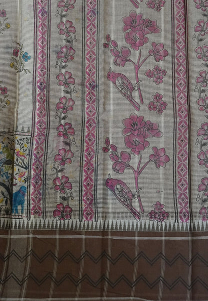 Pure Cotton Saree-Cream with Grey in Peacock Grove Pattern