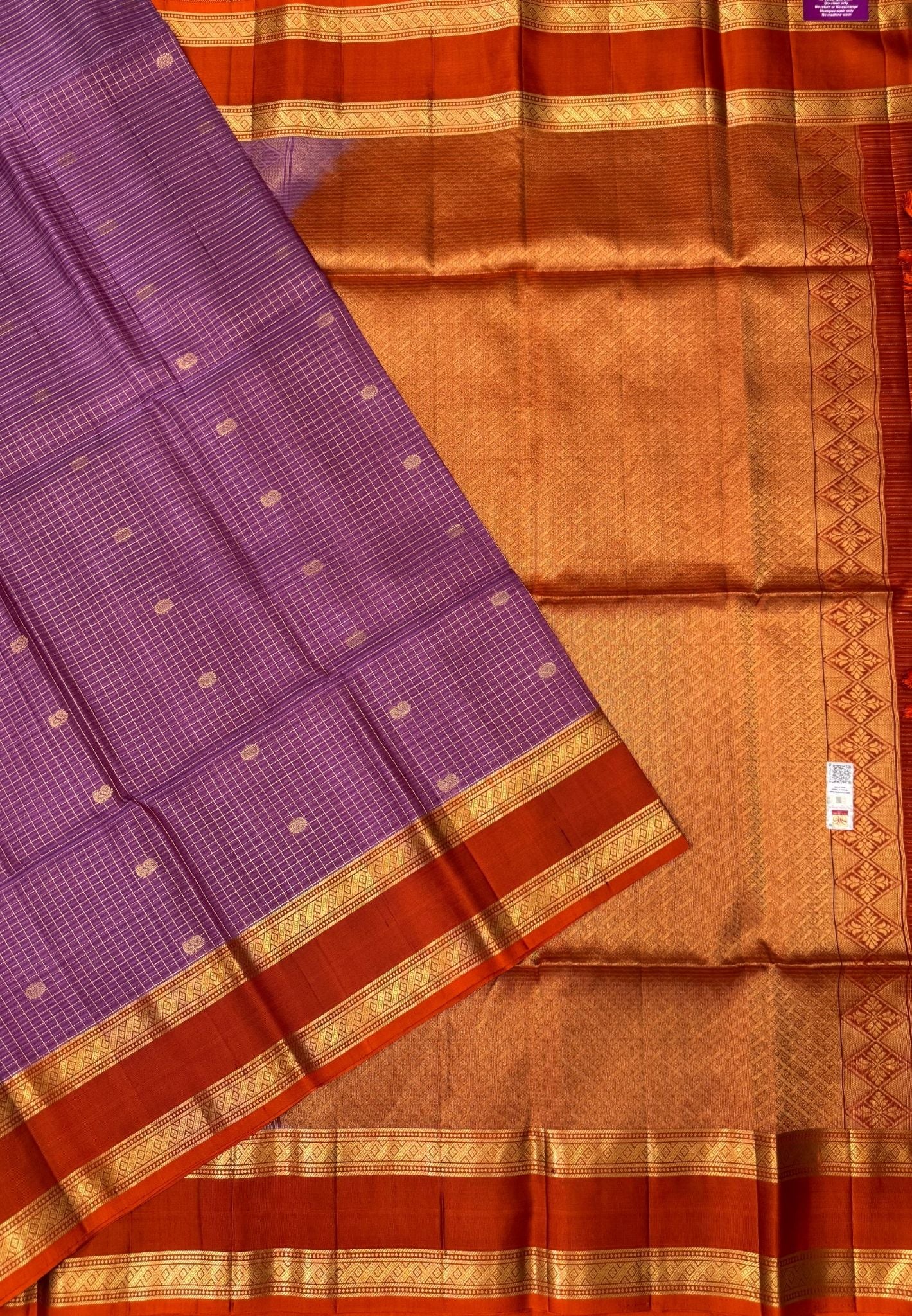 Pure Kanchipuram Silk Saree-Lavender in Zari Checks with Contrast Retapet Border