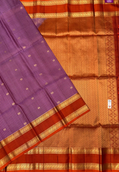 Pure Kanchipuram Silk Saree-Lavender in Zari Checks with Contrast Retapet Border
