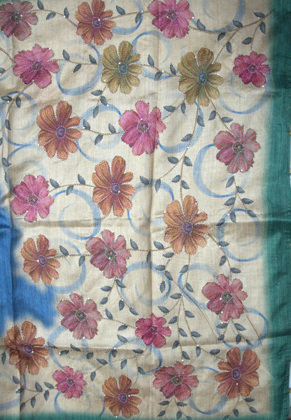 Semi Tussar Saree-Blue with Kantha Work