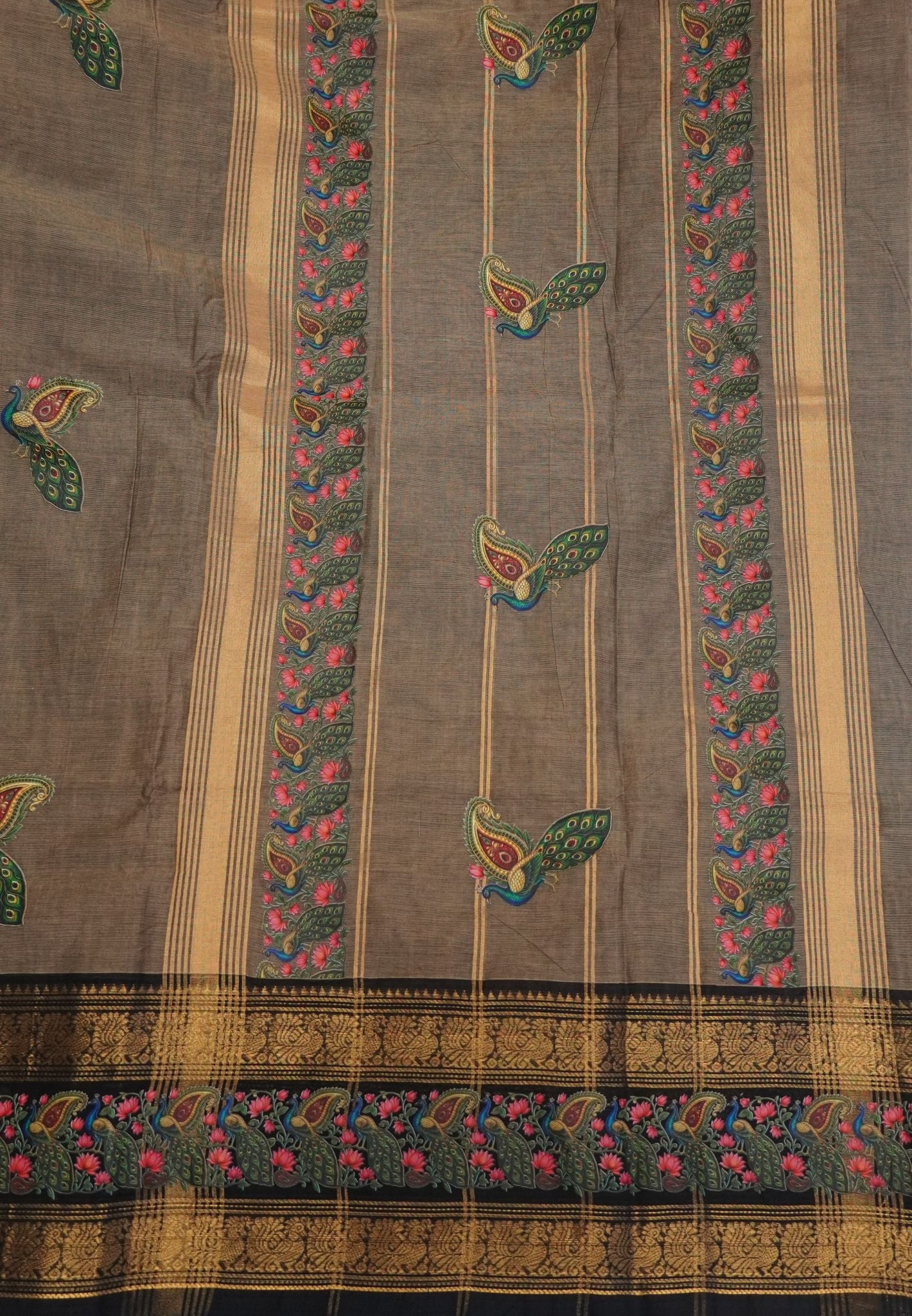 Chettinad Cotton Saree- Beige with Thogai Mayil Tanjore Print