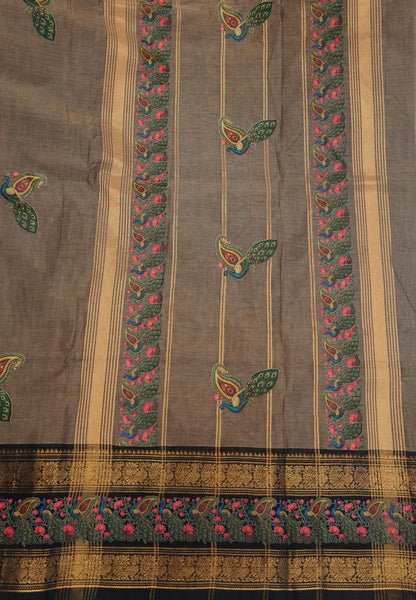 Chettinad Cotton Saree- Beige with Thogai Mayil Tanjore Print