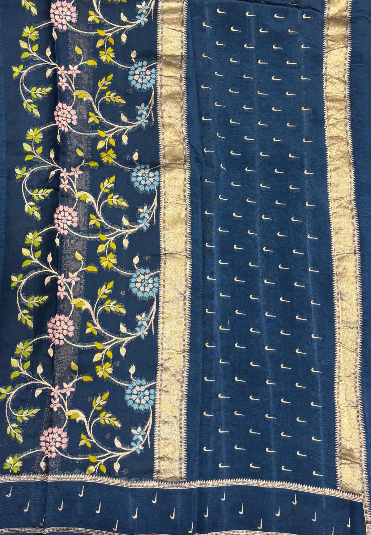 Satin Organza Saree-Peacock Blue In Paithani Floral Zari Border