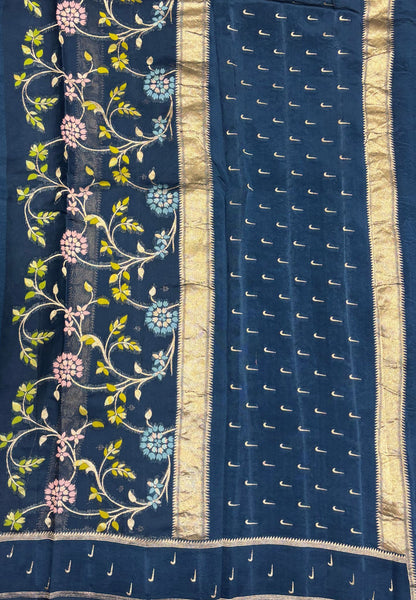Satin Organza Saree-Peacock Blue In Paithani Floral Zari Border
