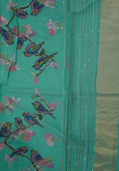 Kota Saree with Bird Embroidery Work - Teal Green