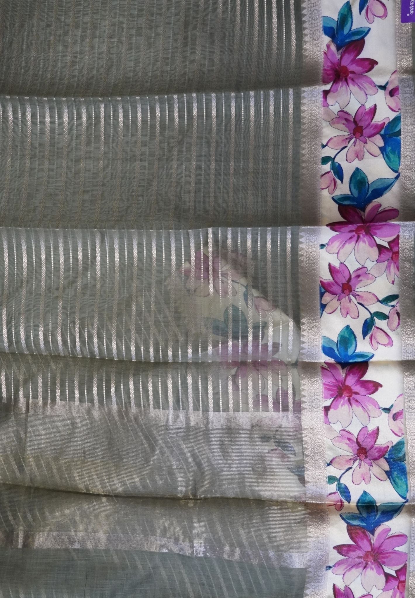 Semi Organza Saree-Metallic Green with Floral Border