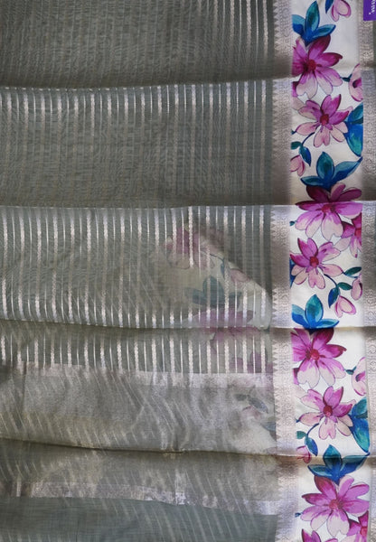 Semi Organza Saree-Metallic Green with Floral Border