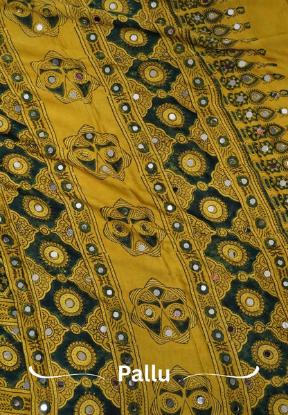 Pure Modal Silk Saree-Original Mirror Work & Traditional Printed Motifs - Yellow