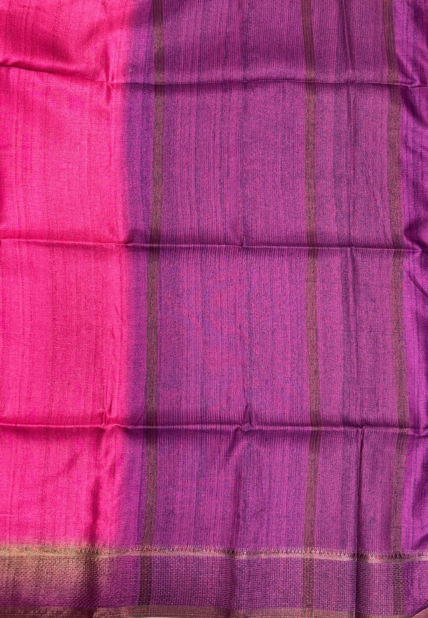 Matka Tussar Saree-Pink in Classic Striped Zari with Contrast Border
