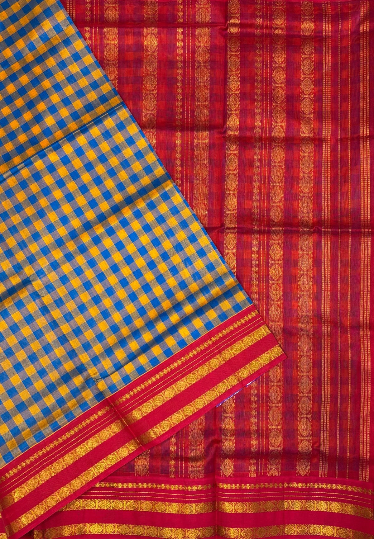 Pure Silk Cotton Saree–Sulphate Blue in Checked Zari with Contrast Border