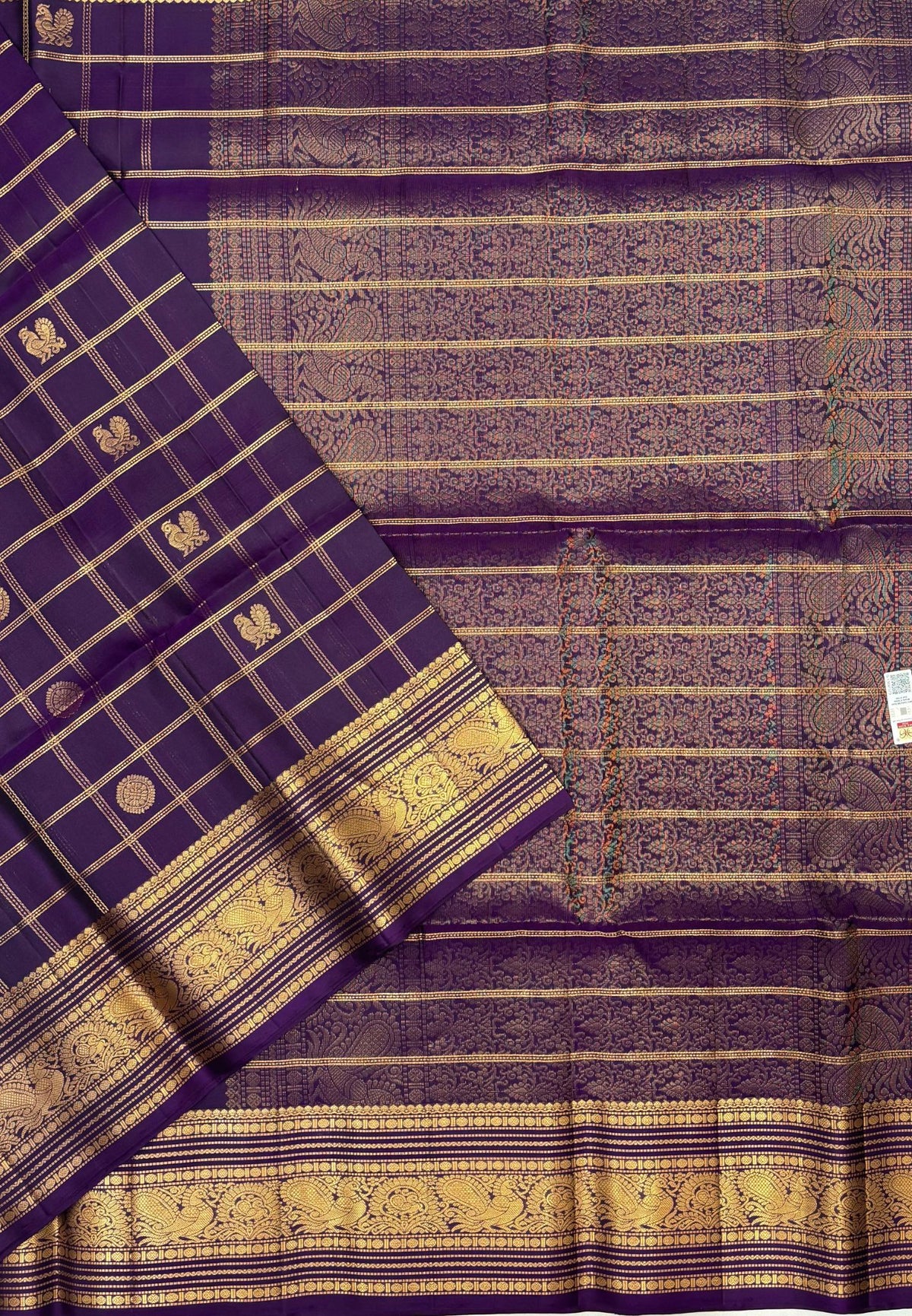 Pure Kanchipuram Silk Saree-Dark Purple in Checkered Mayil Chakram with Varisapet Border