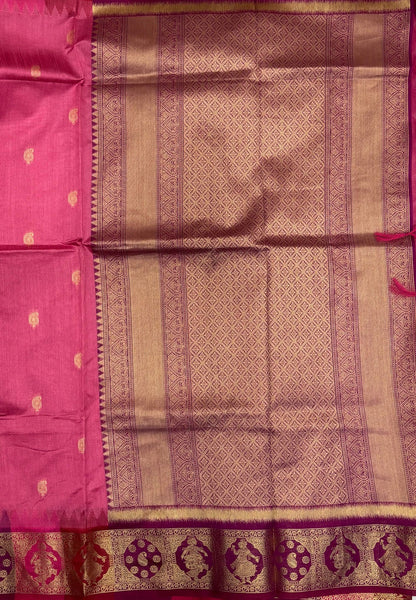 Raw Silk Saree-Rani Pink In Floral Medallion Brocade Border