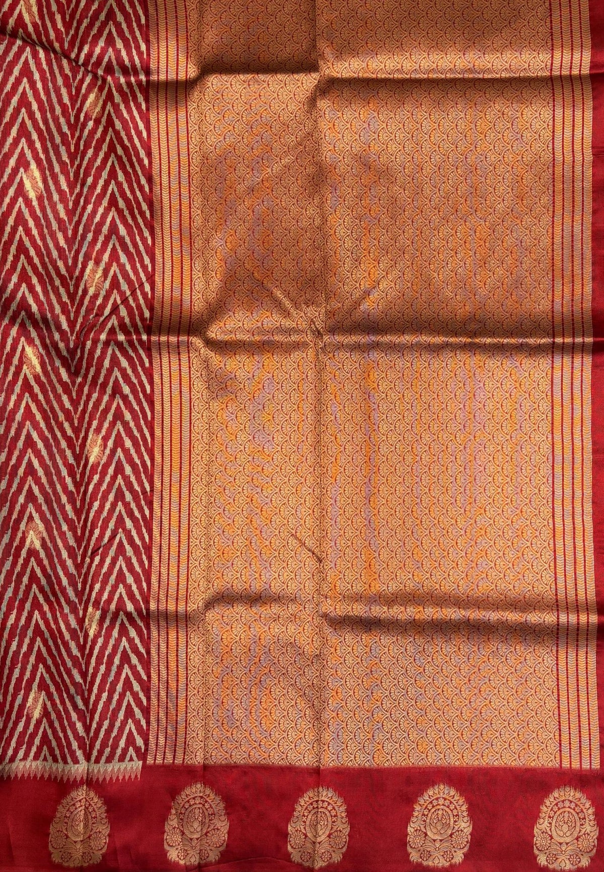 Tussar Saree-Red In Floral Medallion Zari Border