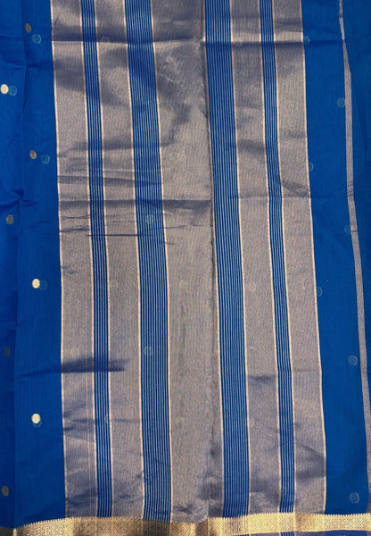 Semi Maheswari Saree-Sulphate Blue In Multi-Stripe Zari Border