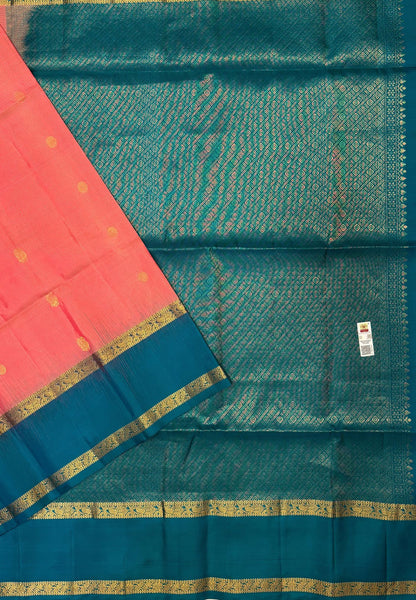 Pure Kanchipuram Silk Saree-Light Peach Pink With Contrast Border