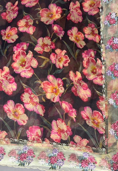 Designer Saree-Brown with Floral Hand Paint