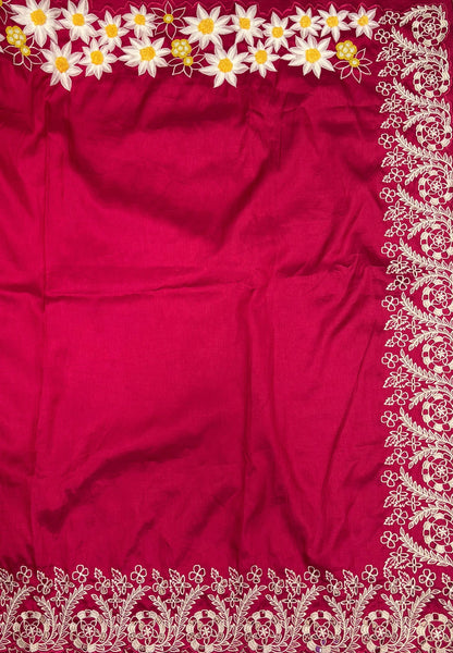 Rsian Silk Saree-Redish Pink In Daisy Floral Embroidery Border