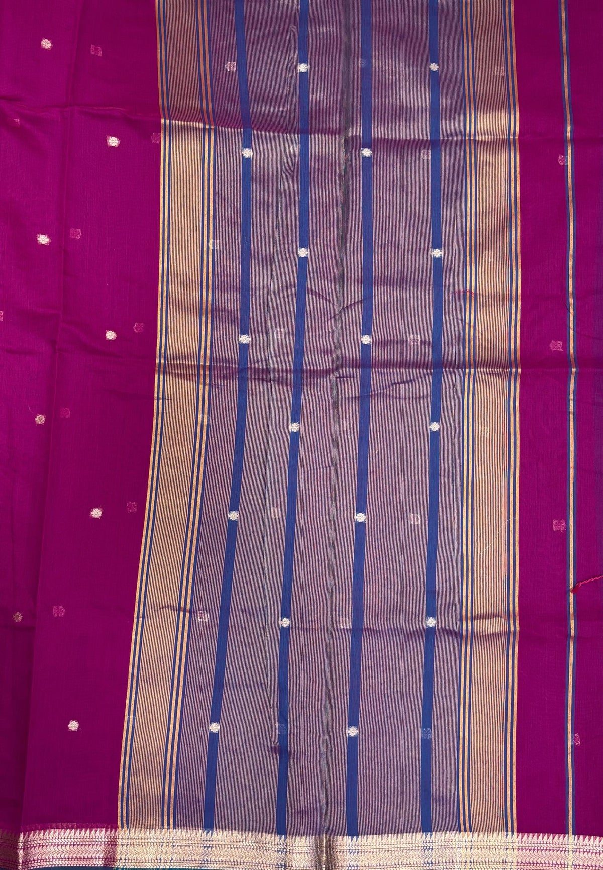 Handloom Cotton Saree-Magenta Pink In Horizontal Stripe Zari With Contrast Border