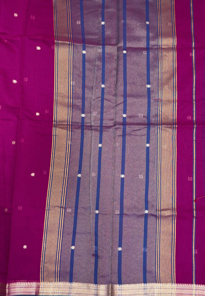 Handloom Cotton Saree-Magenta Pink In Horizontal Stripe Zari With Contrast Border
