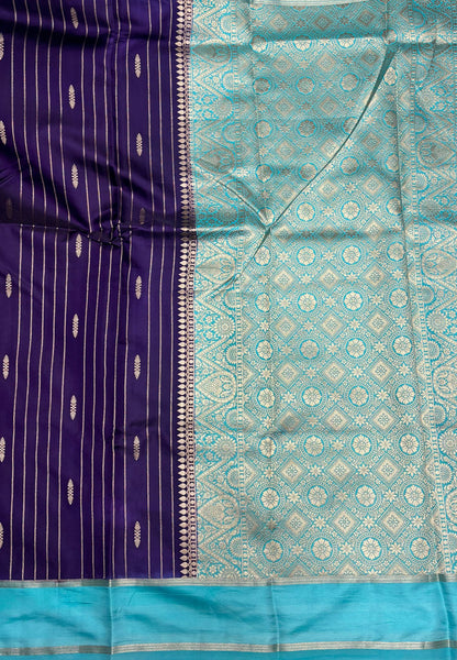 Gaji Silk Saree-Purple in Intricate Geometric Floral Zari with Contrast Border