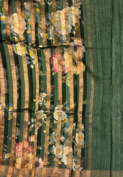 Pure Organza Tussar Saree-Green In Striped Zari Border