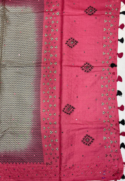 Pure Tussar Saree-Pink In Chevron Pattern With Contrast Border