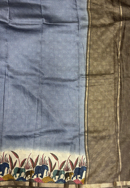 Chanderi Saree-Greyish Blue in Elephant Checks Border