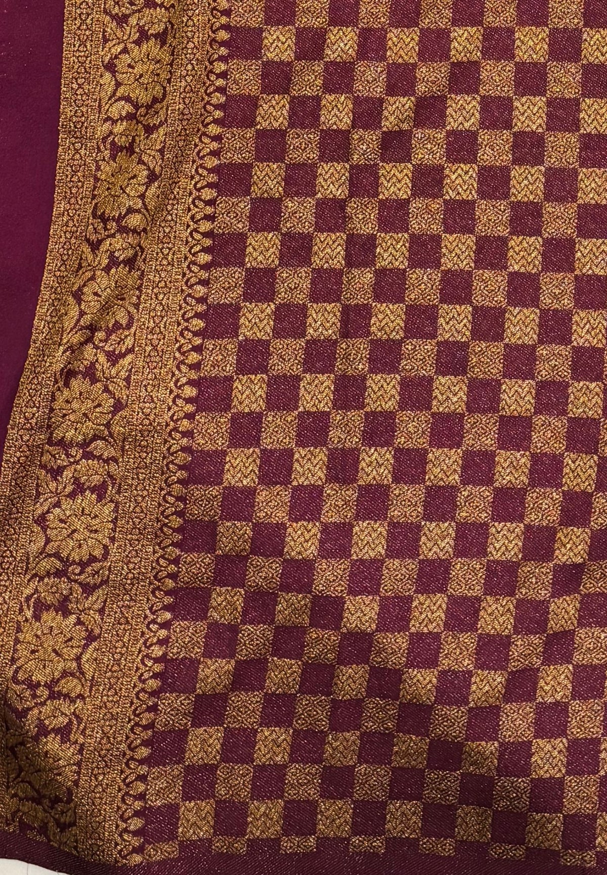 Banarasi Crepe Saree-Sandal In Square Check Brocade With Contrast Border