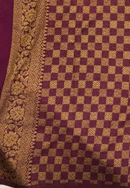 Banarasi Crepe Saree-Sandal In Square Check Brocade With Contrast Border