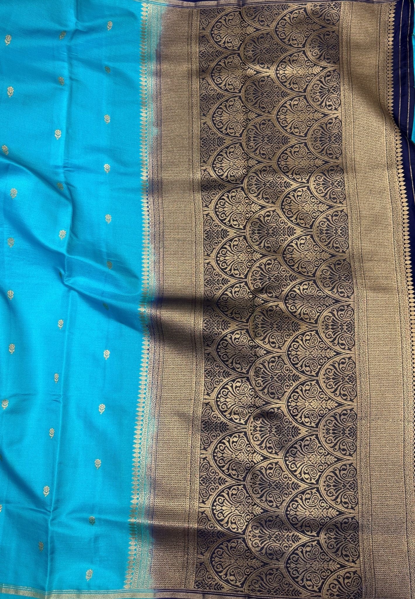 Gaji Silk Saree-Sky Blue In Paisley Jaal Zari Border