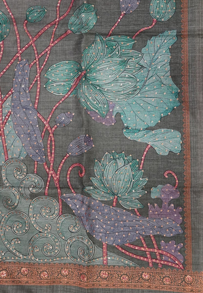 Tussar Saree-Green with French Knot & Sequence Work