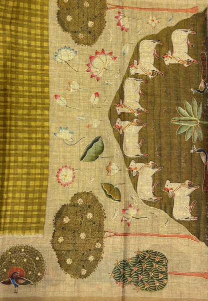 Tissue Linen Saree-Olive Green in Pichwai Cow & Peacock Motif Border