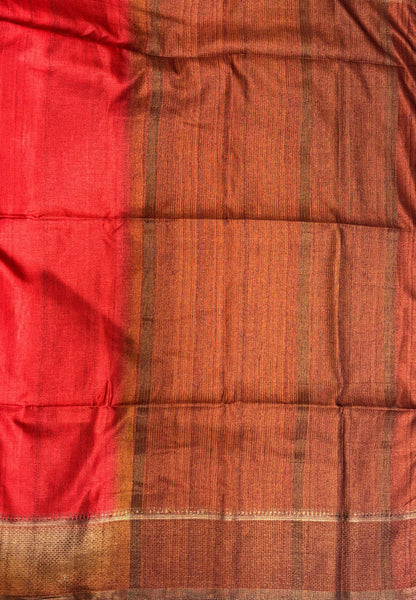 Matka Tussar Saree-Red in Classic Striped Zari with Contrast Border