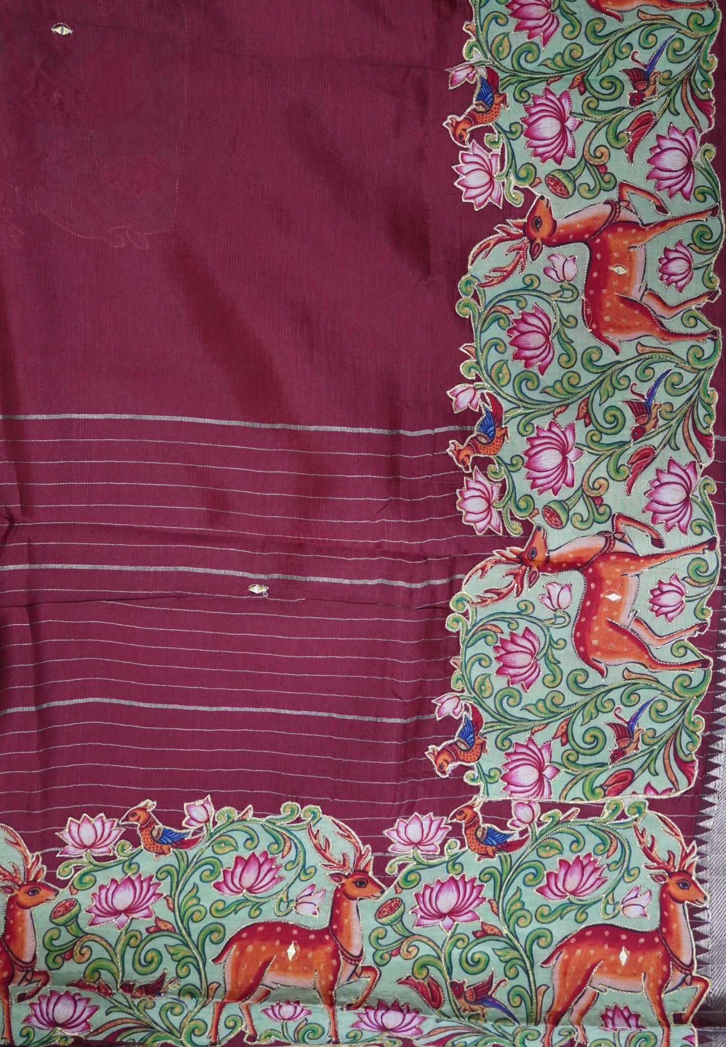 Pure Mangalgiri Silk Saree- Maroon with Appliqué Work